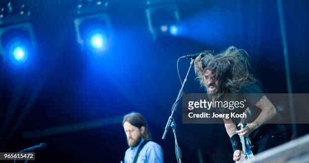 The US rock band 'Foo Fighters' with singer Dave Grohl perform at Rock im Park 2018 festival at Zeppelinfeld on June 1, 2018 in Nuremberg, Germany.