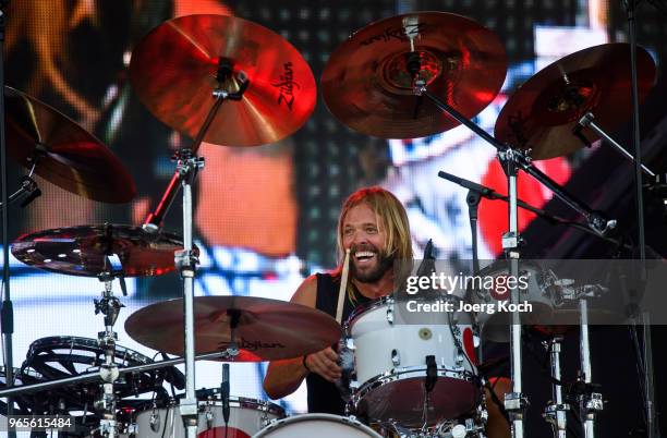 The US rock band 'Foo Fighters' with drummer Taylor Hawkins perform at Rock im Park 2018 festival at Zeppelinfeld on June 1, 2018 in Nuremberg,...