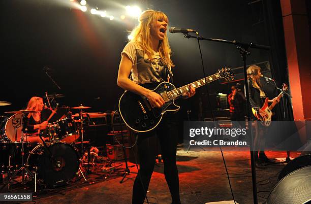 Anoushka Vandevyvere, Katty Besnard and Louise Basilien of the Plastiscines perform on stage at Shepherds Bush Empire on February 10, 2010 in London,...