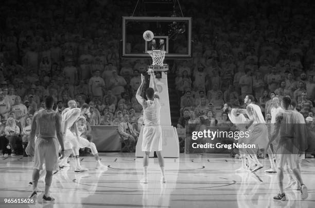 Playoffs: Infrared rear view of Houston Rockets Clint Capela shooting free throw vs Golden State Warriors at Toyota Center. Game 7. Houston, TX...