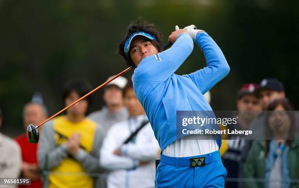 Ryo Ishikawa of Japan makes a tee shot on the second hole during the first round of the Northern Trust Open on February 4, 2010 at the Riviera...