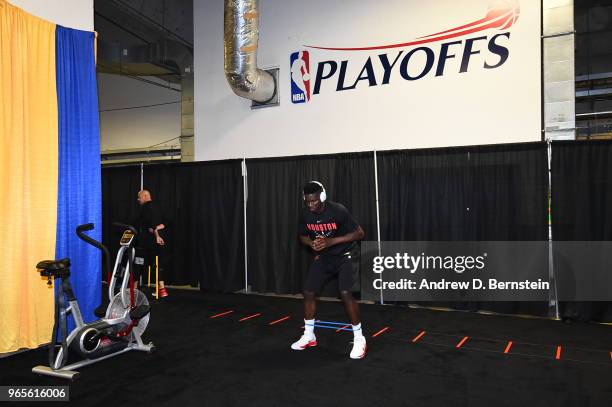 Clint Capela of the Houston Rockets warms up prior to Game Six of the Western Conference Finals during the 2018 NBA Playoffs against the Golden State...