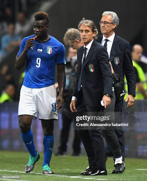 Mario Balotelli of Italy and Roberto Mancini head coach of Italy during the International Friendly match between France and Italy at Allianz Riviera...