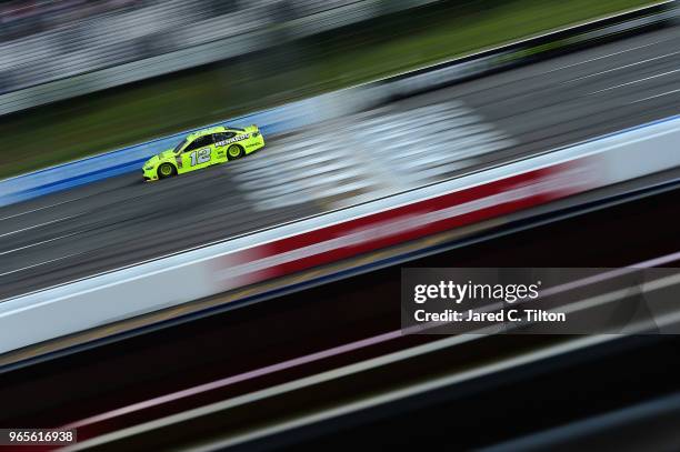 Ryan Blaney, driver of the Menards/Duracell Ford, qualifies for the Monster Energy NASCAR Cup Series Pocono 400 at Pocono Raceway on June 1, 2018 in...