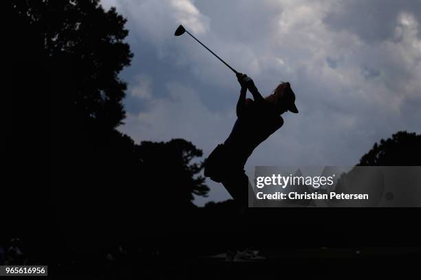Michelle Wie plays a tee shot on the third hole during the second round of the 2018 U.S. Women's Open at Shoal Creek on June 1, 2018 in Shoal Creek,...