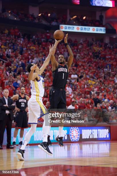 Playoffs: Houston Rockets Trevor Ariza in action, shooting vs Golden State Warriors at Toyota Center. Game 7. Houston, TX 5/28/2018 CREDIT: Greg...