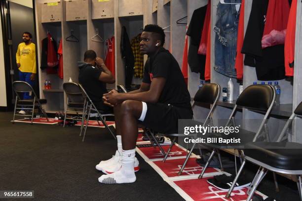 Clint Capela of the Houston Rockets looks on prior to Game Six of the Western Conference Finals during the 2018 NBA Playoffs against the Golden State...