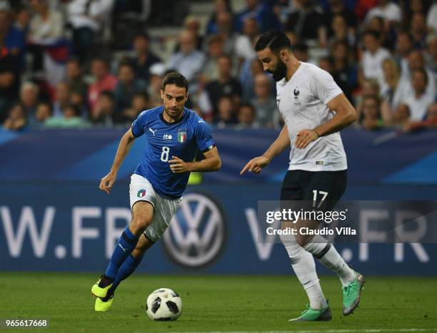 Giacomo Bonaventura of Italy in action during the International Friendly match between France and Italy at Allianz Riviera Stadium on June 1, 2018 in...