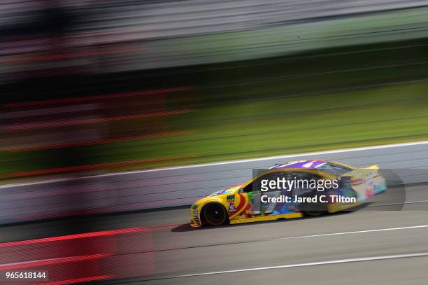 Ricky Stenhouse Jr., driver of the Little Hug Fruit Barrels Ford, qualifies for the Monster Energy NASCAR Cup Series Pocono 400 at Pocono Raceway on...