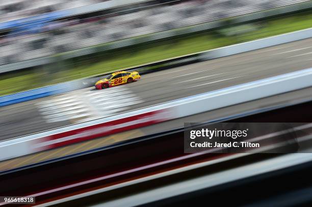 Joey Logano, driver of the Shell Pennzoil Ford, qualifies for the Monster Energy NASCAR Cup Series Pocono 400 at Pocono Raceway on June 1, 2018 in...