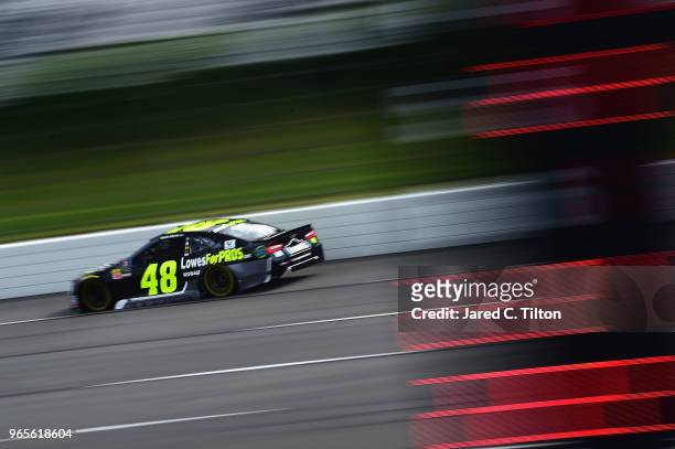 Jimmie Johnson, driver of the Lowe's for Pros Chevrolet, qualifies during qualifying for the Monster Energy NASCAR Cup Series Pocono 400 at Pocono...