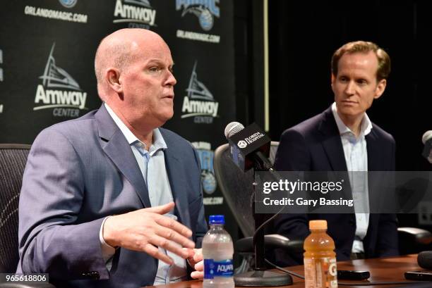 Orlando Magic President of Basketball Operations Jeff Weltman introduces new Head Coach Steve Clifford during a press conference on May 30, 2018 at...