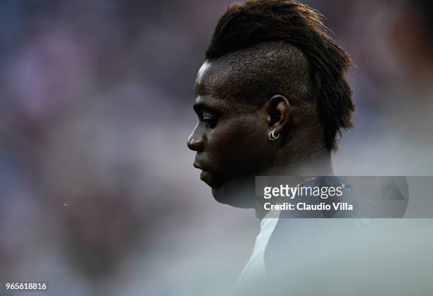 Mario Balotelli of Italy looks on prior to the International Friendly match between France and Italy at Allianz Riviera Stadium on June 1, 2018 in...