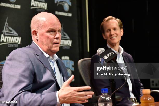 Orlando Magic President of Basketball Operations Jeff Weltman introduces new Head Coach Steve Clifford during a press conference on May 30, 2018 at...