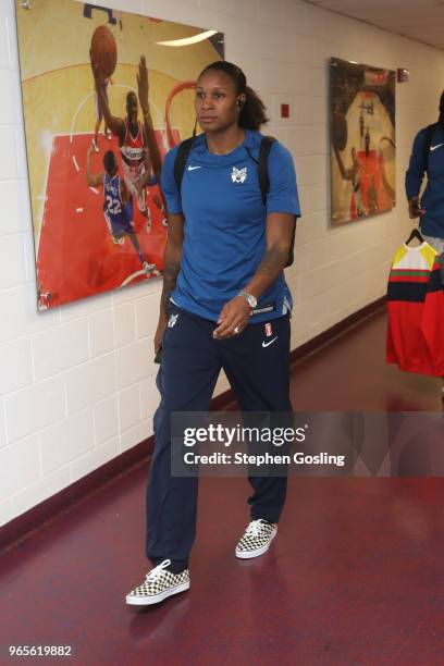 Rebekkah Brunson of the Minnesota Lynx arrives at the stadium before the game against the Washington Mystics on May 27, 2018 at the Capital One Arena...