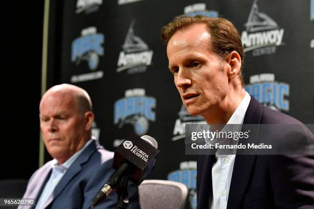 Orlando Magic President of Basketball Operations Jeff Weltman introduces new Head Coach Steve Clifford during a press conference on May 30, 2018 at...