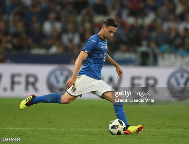 Mattia De Sciglio of Italy in action during the International Friendly match between France and Italy at Allianz Riviera Stadium on June 1, 2018 in...