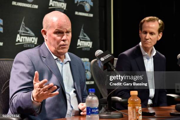 Orlando Magic President of Basketball Operations Jeff Weltman introduces new Head Coach Steve Clifford during a press conference on May 30, 2018 at...