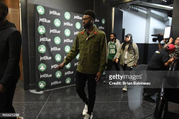 Jaylen Brown of the Boston Celtics arrives to the arena prior to Game Seven of the Eastern Conference Finals of the 2018 NBA Playoffs between the...