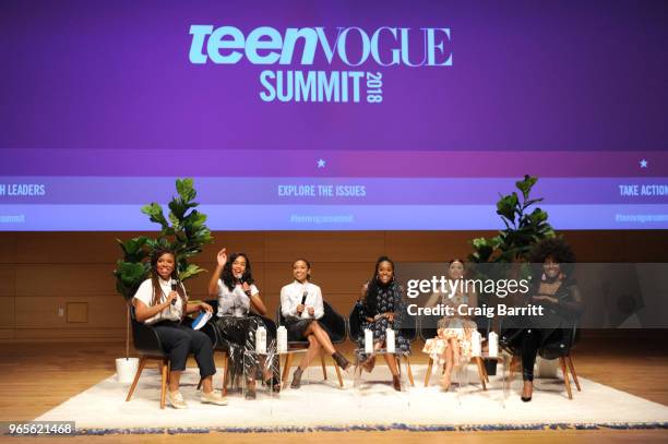 Akilah Hughes, Laura Harrier, Logan Browning, Logan Browning, Diane Guerrero and Amara La Negra speak onstage during the Teen Vogue Summit 2018:...