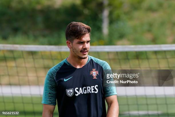 Portugal forward Andre Silva during the training session at Cidade do Futebol training camp in Oeiras, outskirts of Lisbon, on May 31, 2018 ahead of...