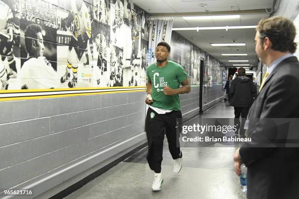 Marcus Smart of the Boston Celtics runs the tunnel prior to Game Seven of the Eastern Conference Finals of the 2018 NBA Playoffs between the...