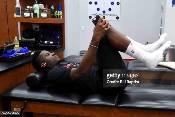 Clint Capela of the Houston Rockets stretches before the game against the Golden State Warriors in Game Seven of the Western Conference Finals during...