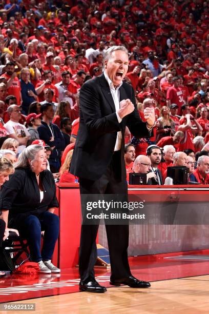 Head Coach Mike D'Antoni of the Houston Rockets reacts during the game against the Golden State Warriors in Game Seven of the Western Conference...