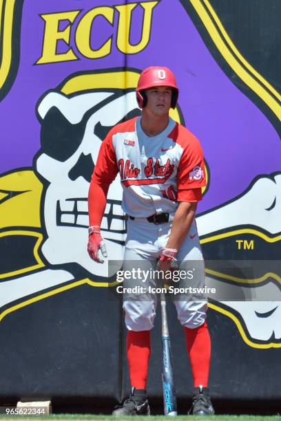 Ohio State catcher Dillon Dingler waits in the on-deck circle during the NCAA Baseball Greenville Regional between the South Carolina Gamecocks and...