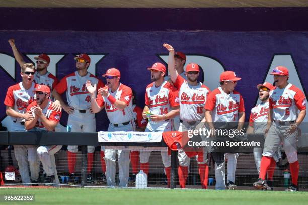 Ohio State dugout celebrates a homer by Ohio State catcher Dillon Dingler during the NCAA Baseball Greenville Regional between the South Carolina...