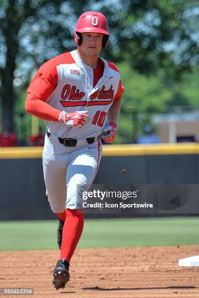 Ohio State catcher Dillon Dingler rounds second base after hitting a home run during the NCAA Baseball Greenville Regional between the South Carolina...