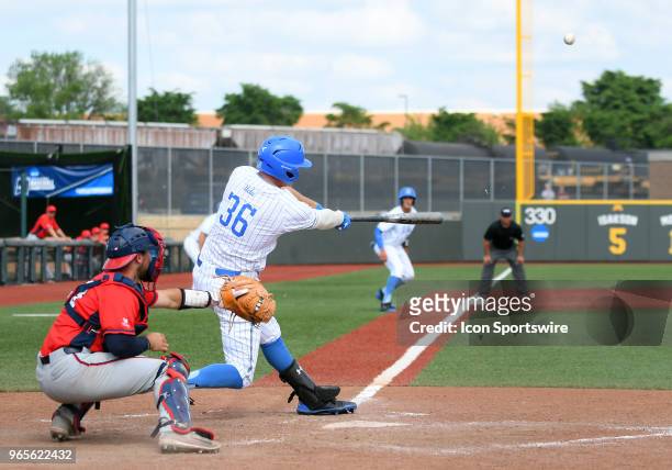 Outfielder Jake Pries hits a walk-off sac fly in the bottom of the 9th during game 1 of the Minneapolis Regional collegiate baseball tournament...