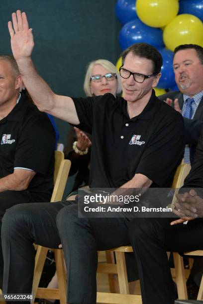 Kiki VanDeWeghe waves to the crowd during the 2018 NBA Finals Legacy Project - NBA Cares on June 01, 2018 at the Boys & Girls Club of San Leandro in...