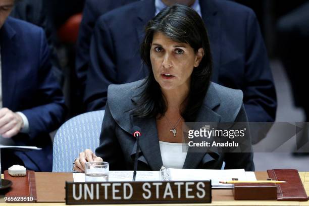United States Ambassador to the United Nations, Nikki Haley gives a speech during a Security Council meeting on the situation in the Middle East...