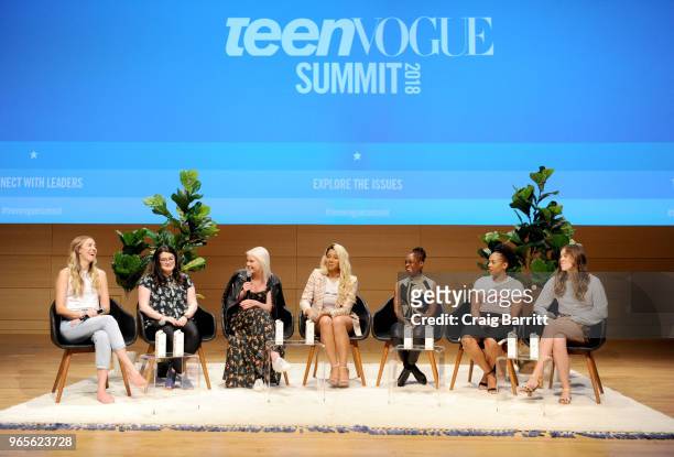 Liz Eddy, Stephanie Sciandra, Vera Papisova, Munroe Bergdorf, Chirlane McCray, Phoenix Best and Laura Dreyfuss speak onstage during the Teen Vogue...