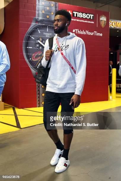 Jaylen Brown of the Boston Celtics arrives at the stadium before the game against the Cleveland Cavaliers during Game Six of the Eastern Conference...
