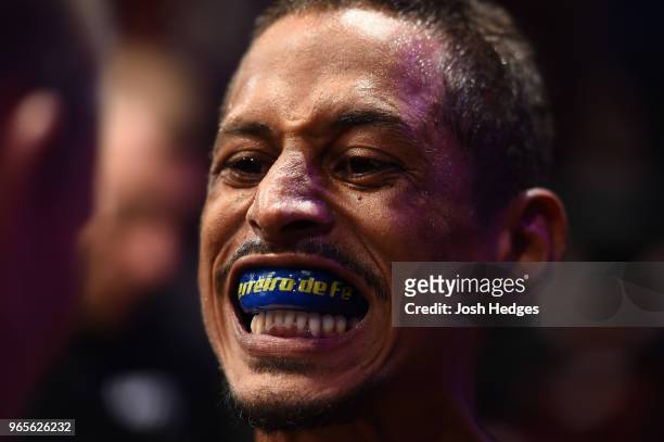 Johnny Eduardo of Brazil prepares to enter the Octagon before facing Nathaniel Wood of England in their bantamweight fight during the UFC Fight Night...