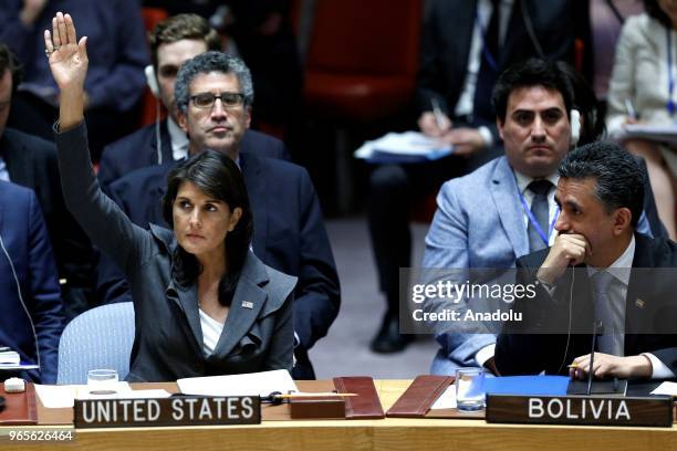 United States Ambassador to the United Nations, Nikki Haley votes during the Security Council meeting on the situation in the Middle East including...