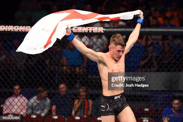 Nathaniel Wood of England reacts after defeating Johnny Eduardo of Brazil by submission in their bantamweight fight during the UFC Fight Night event...