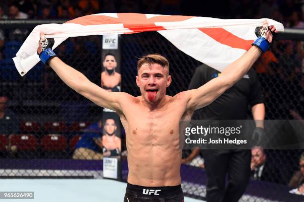 Nathaniel Wood of England reacts after defeating Johnny Eduardo of Brazil by submission in their bantamweight fight during the UFC Fight Night event...