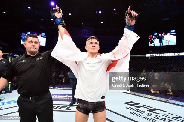 Nathaniel Wood of England reacts after defeating Johnny Eduardo of Brazil by submission in their bantamweight fight during the UFC Fight Night event...