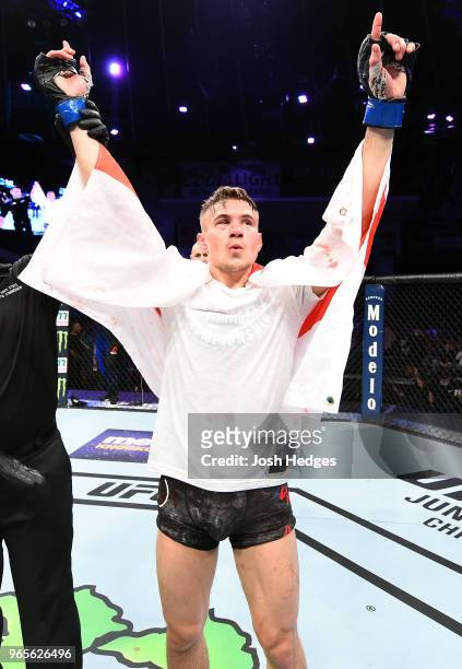 Nathaniel Wood of England reacts after defeating Johnny Eduardo of Brazil by submission in their bantamweight fight during the UFC Fight Night event...