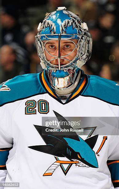 Evgeni Nabokob of the San Jose Sharks minds the net against the Nashville Predators on February 6, 2010 at the Sommet Center in Nashville, Tennessee.