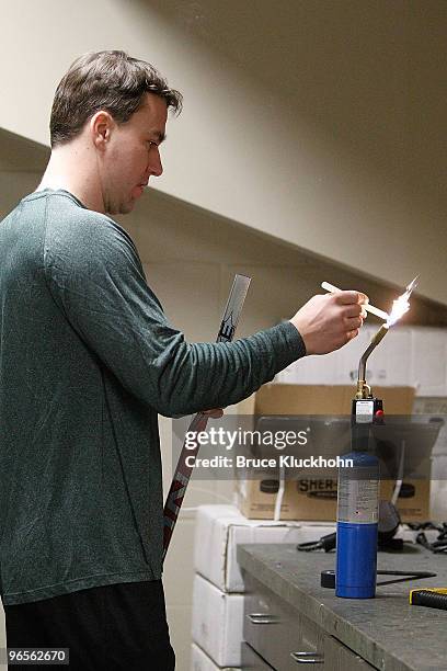 Marek Zidlicky of the Minnesota Wild gets his stick ready prior to the game against the Phoenix Coyotes at the Xcel Energy Center on February 10,...