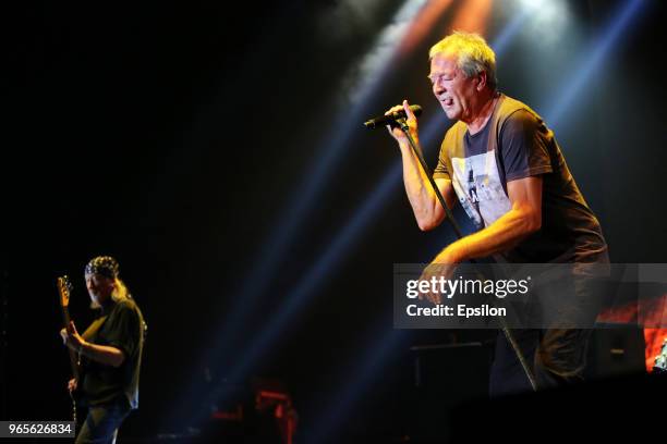 Lead singer Ian Gillan of the British rock band Deep Purple performs during a concert as part of their 'The Long Goodbye Tour' at Olympiysky Sports...