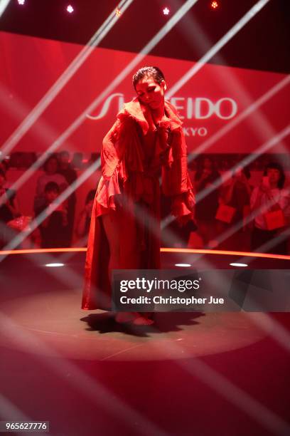 Koharu Sugawara is dancing during the Tokyo #Ultimune Launch Event on June 1, 2018 in Tokyo, Japan.