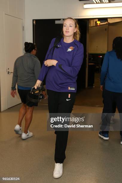 Marie Gulich of the Phoenix Mercury arrives to the arena prior to the game against the Minnesota Lynx on June 1, 2018 at Target Center in...