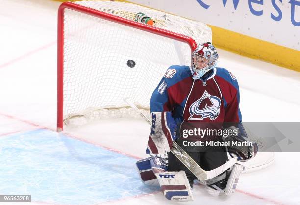 Goaltender Craig Anderson of the Colorado Avalanche keeps his eye on the puck against the Atlanta Thrashers at the Pepsi Center on February 10, 2010...