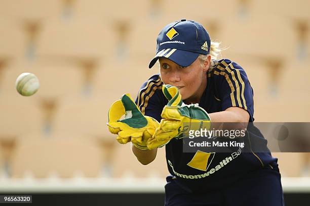 Wicketkeeper Alyssa Healy of Australia warms up before the Second Women's One Day International match between the Australian Southern Stars and the...