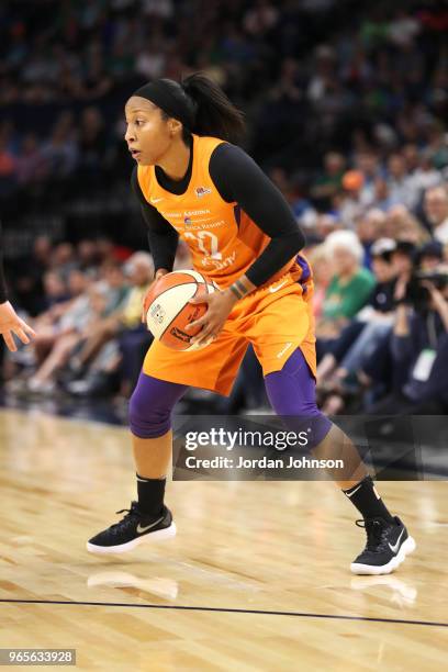 Briann January of the Phoenix Mercury handles the ball against the Minnesota Lynx on June 1, 2018 at Target Center in Minneapolis, Minnesota. NOTE TO...